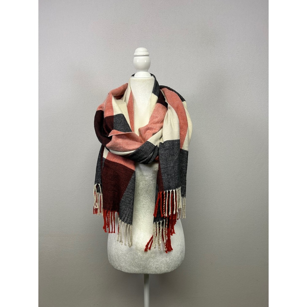 Autumn Cozy Layering Womens OS Pink Grey Plaid Colorblock Fringe Blanket Scarf